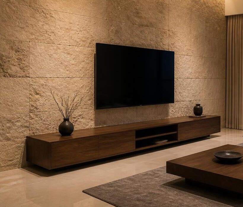 Long walnut TV console with open shelf
