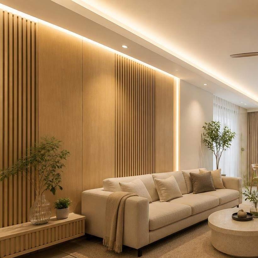 Fluted oak feature wall with cove lighting