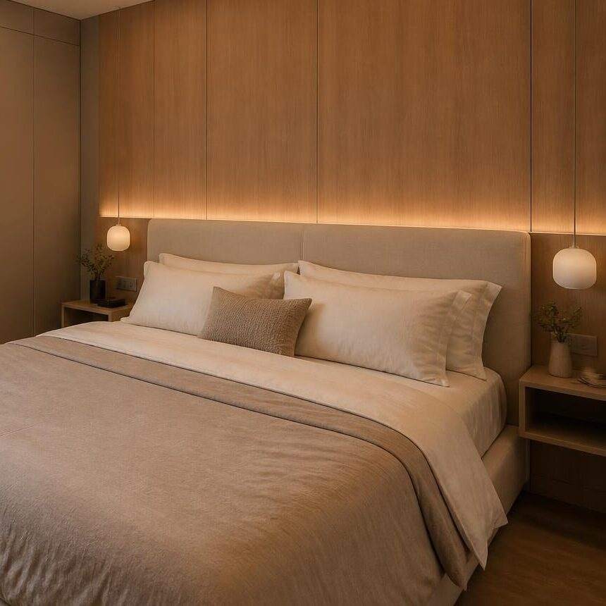 Oak headboard wall with built-in bedside shelves and cove light