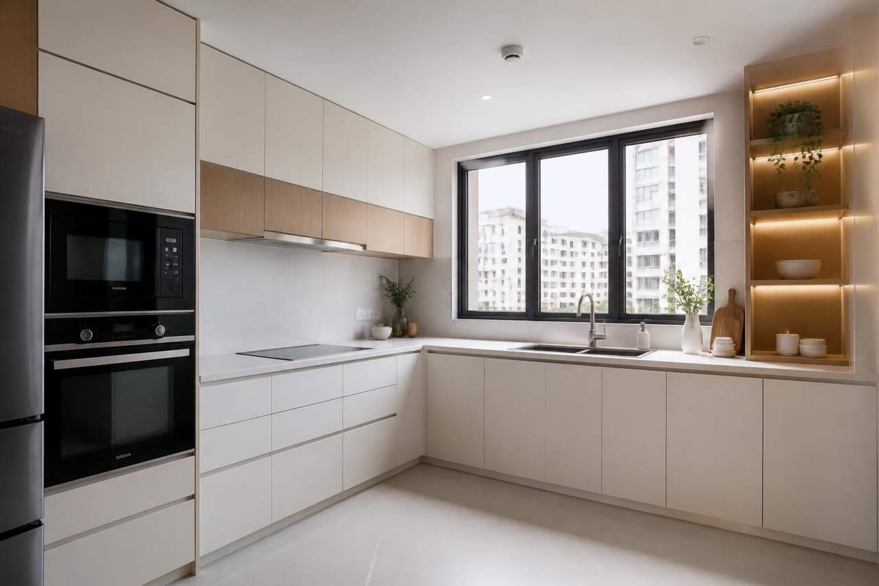 White and oak L-shaped HDB kitchen cabinets