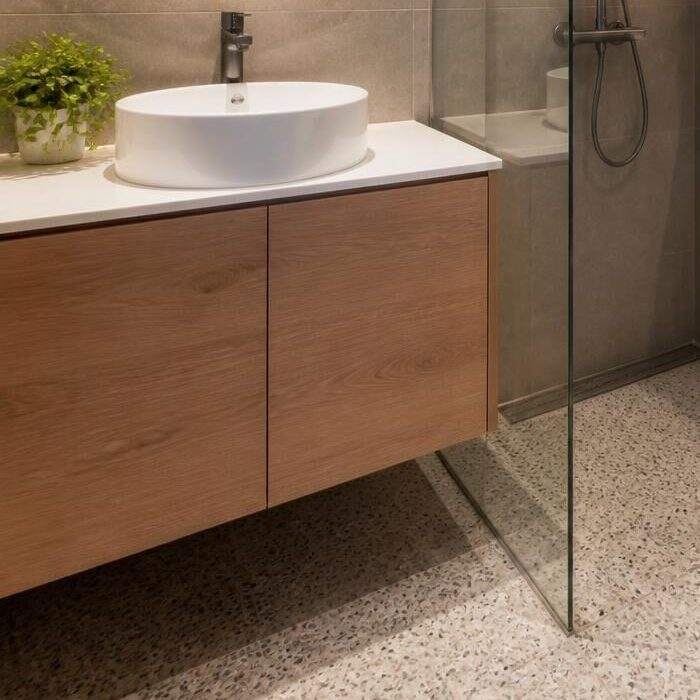 Floating oak bathroom vanity