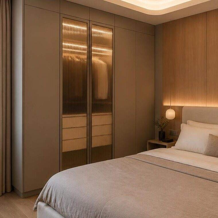 Greige wardrobe with fluted glass doors