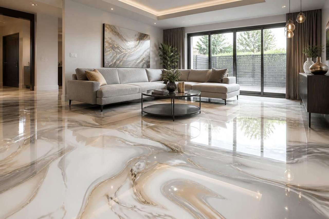Living room with pearl and silver metallic epoxy floor