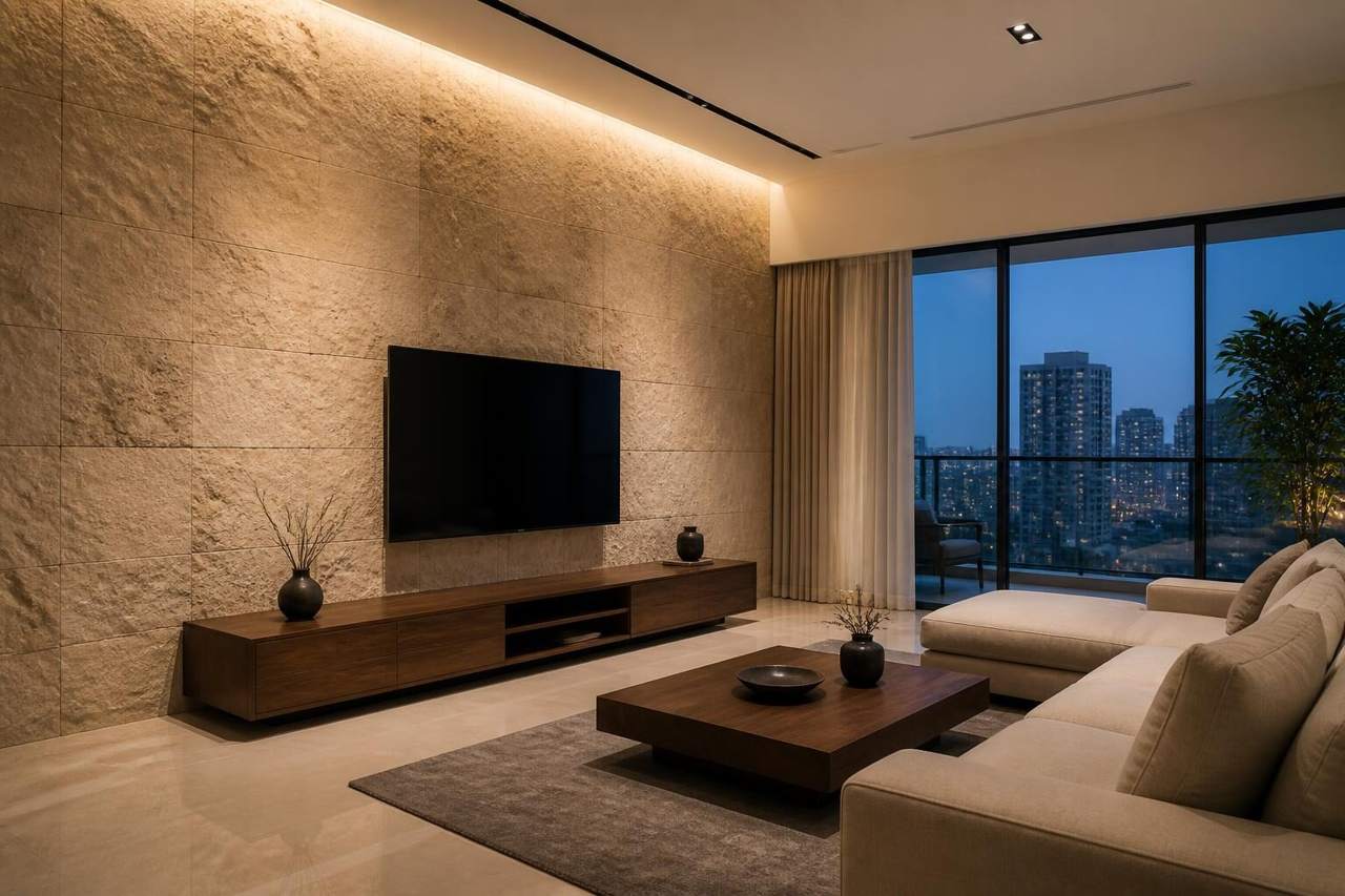 Living room feature wall clad in travertine-look PU stone